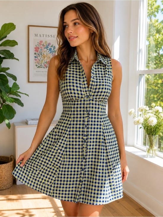 Urban Outfitters Dresses & Skirts - Urban Outfitters Blue Yellow Plaid Seersucker Feel Mini Dress XS/S Preppy Twee